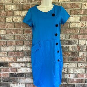 Nature Womens V-Neck Short Sleeve Button Front Sheath Dress Blue Size XL NWT‎